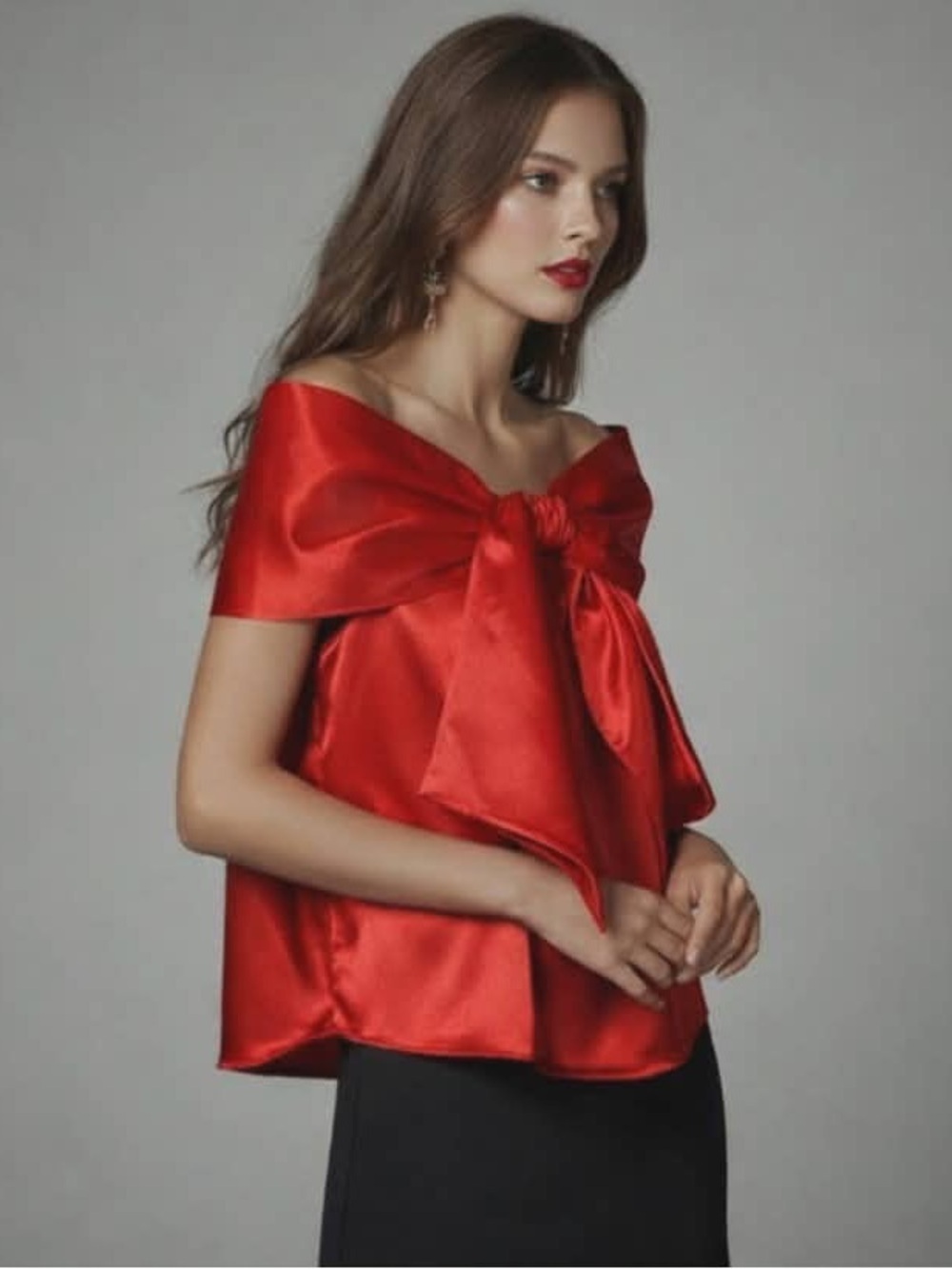 Mare Mare Anthropologie Red Satin Off The Shoulder Oversized Bow Top Size XS